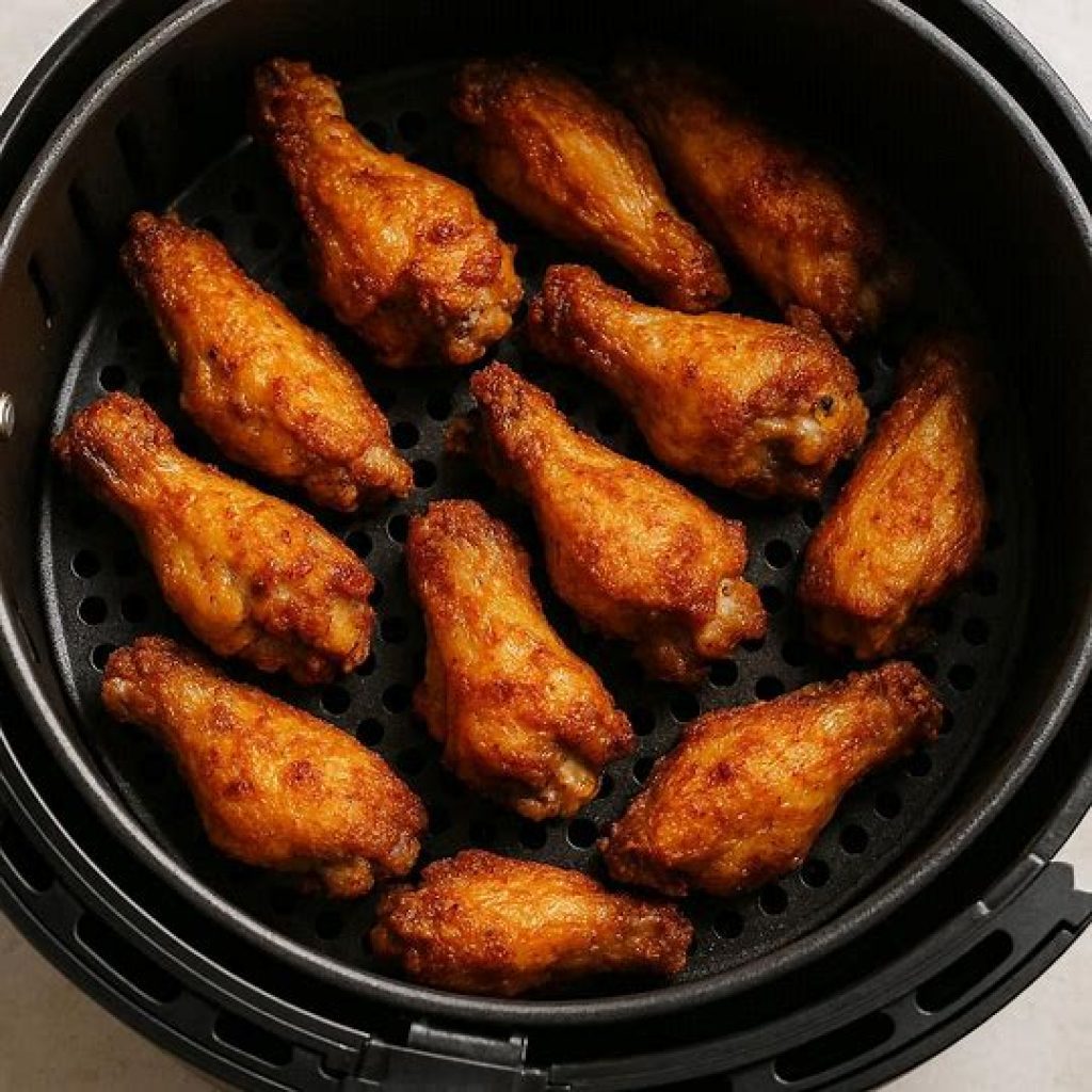 Crispy golden chicken wings showing the texture created by air frying.