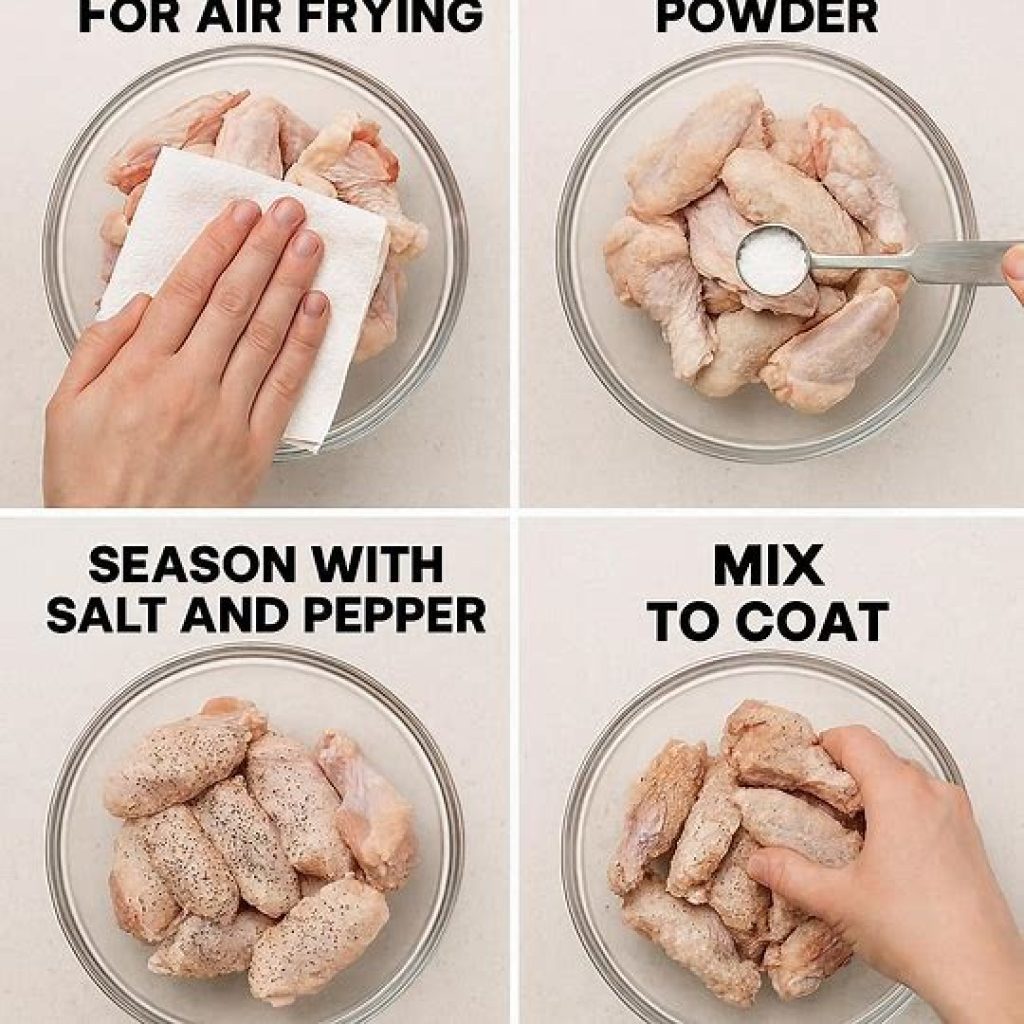 Hands patting dry raw chicken wings before seasoning for air frying.