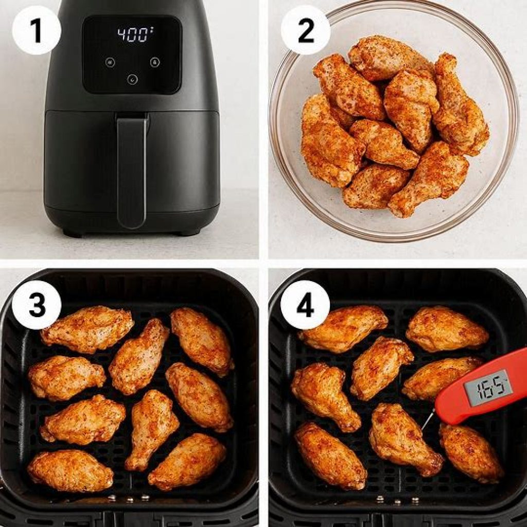 Air fryer cooking process showing wings flipped halfway for even crispiness.
