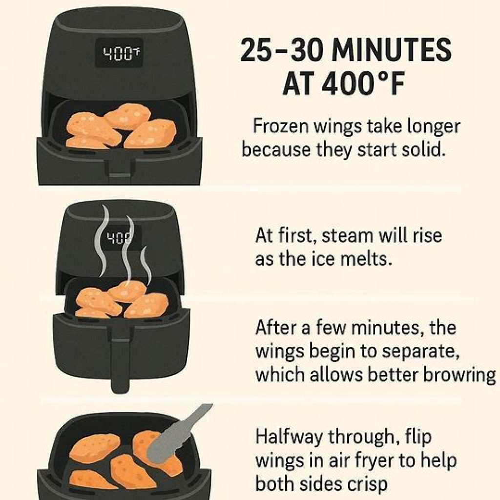 Frozen chicken wings inside an air fryer before cooking.