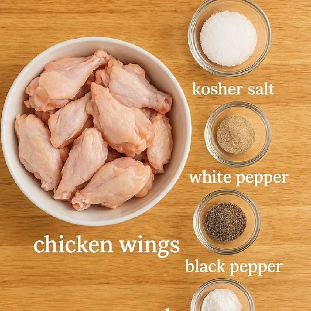 Raw chicken wings, salt, white pepper, baking powder, and avocado oil arranged on a kitchen counter.