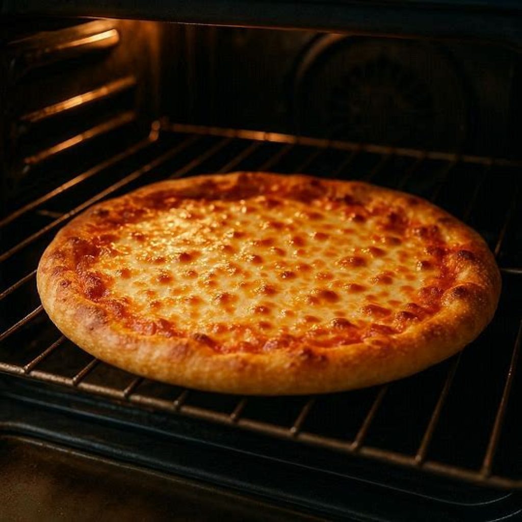 Chicken Bacon Ranch Pizza baking in the oven, cheese bubbling and crust turning golden brown, showing the perfect melty texture of a freshly baked homemade pizza.