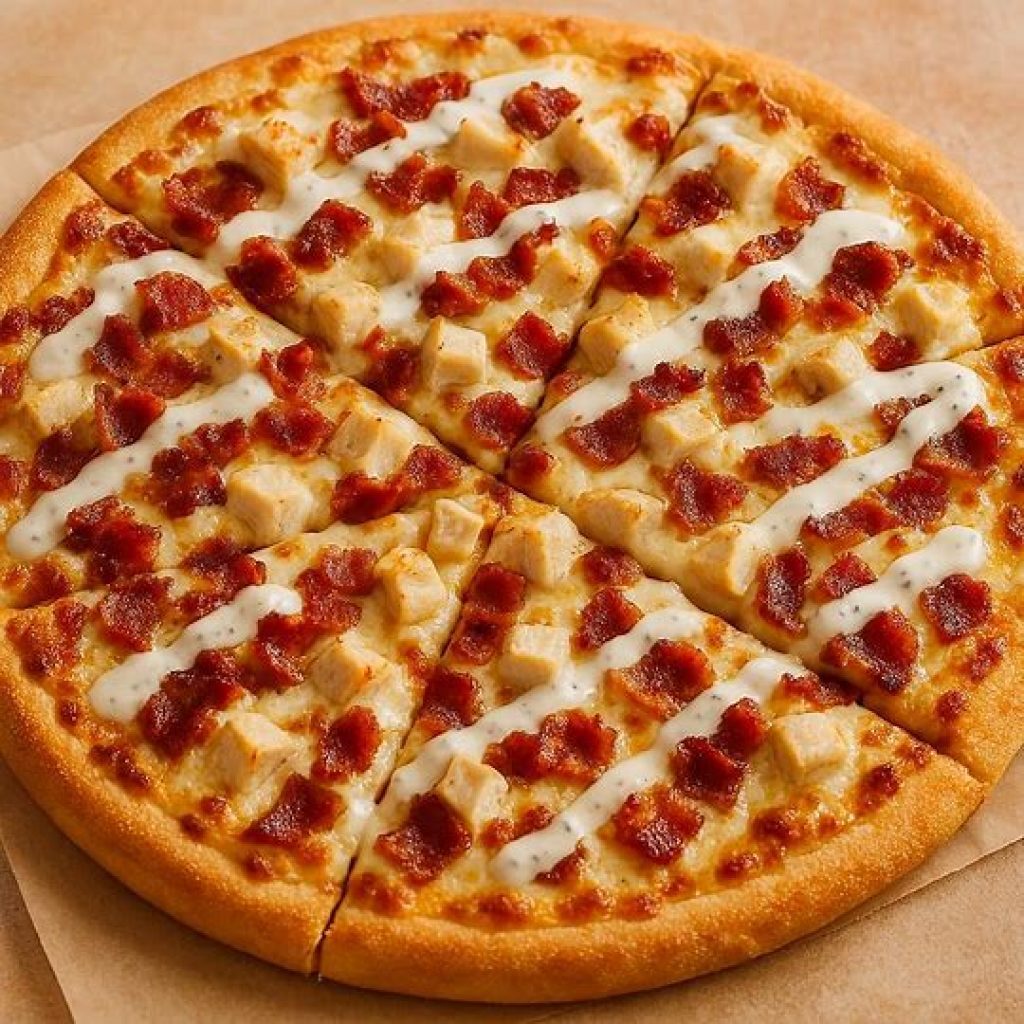 Close-up of Chicken Bacon Ranch Pizza slice showing melted cheese, crispy bacon, and creamy ranch sauce blending into a gooey, flavorful texture that looks irresistibly delicious.