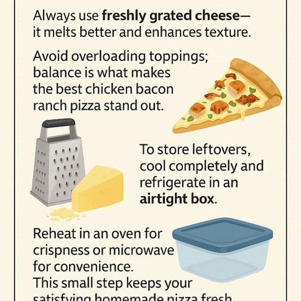 Freshly grated cheese melting over a homemade Chicken Bacon Ranch Pizza, showing golden crust, crispy bacon, and gooey mozzarella — perfect balance of toppings for the best results.