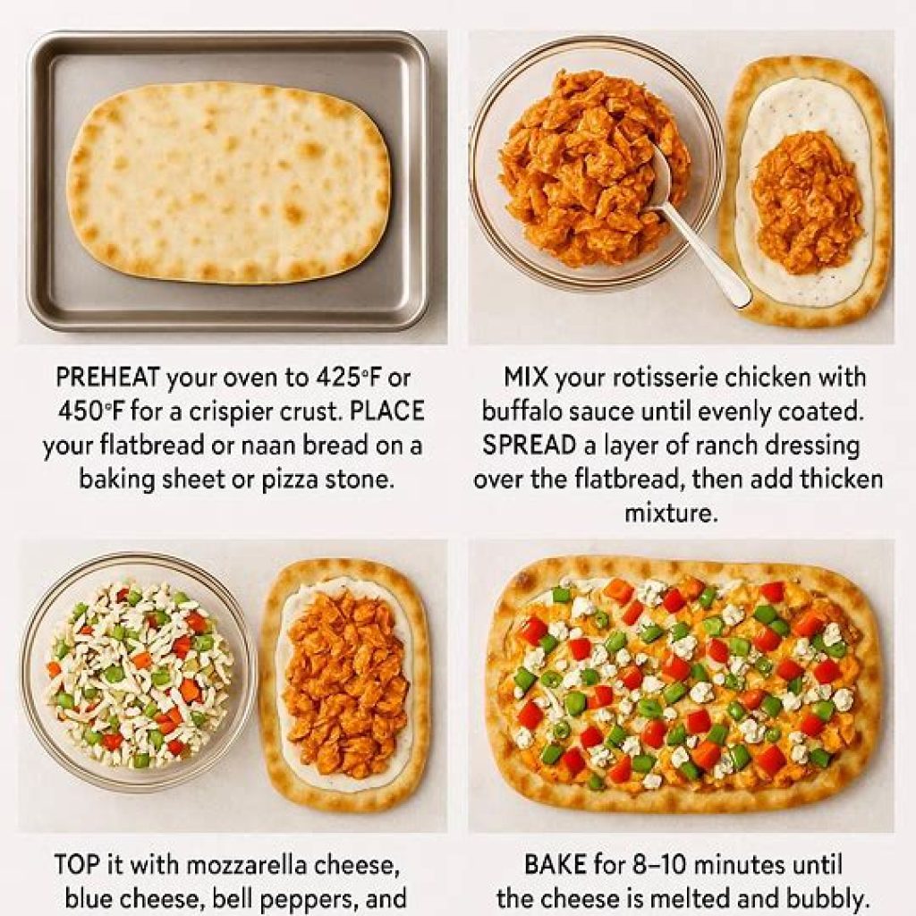 Step-by-step preparation of buffalo chicken flatbread pizza being topped with chicken, sauce, and cheese before baking.