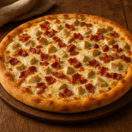 Homemade Chicken Bacon Ranch Pizza with golden crust, melted mozzarella, crispy bacon, and creamy ranch dressing — the ultimate comfort food recipe everyone craves.