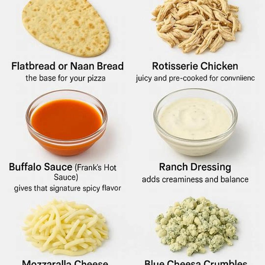 Buffalo chicken flatbread pizza ingredients on table including flatbread, rotisserie chicken, buffalo sauce, ranch, and cheese.