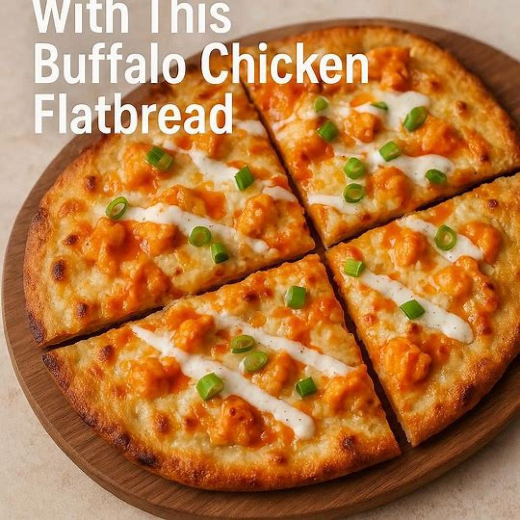 Delicious buffalo chicken flatbread pizza showing melted cheese, spicy buffalo sauce, and ranch dressing.