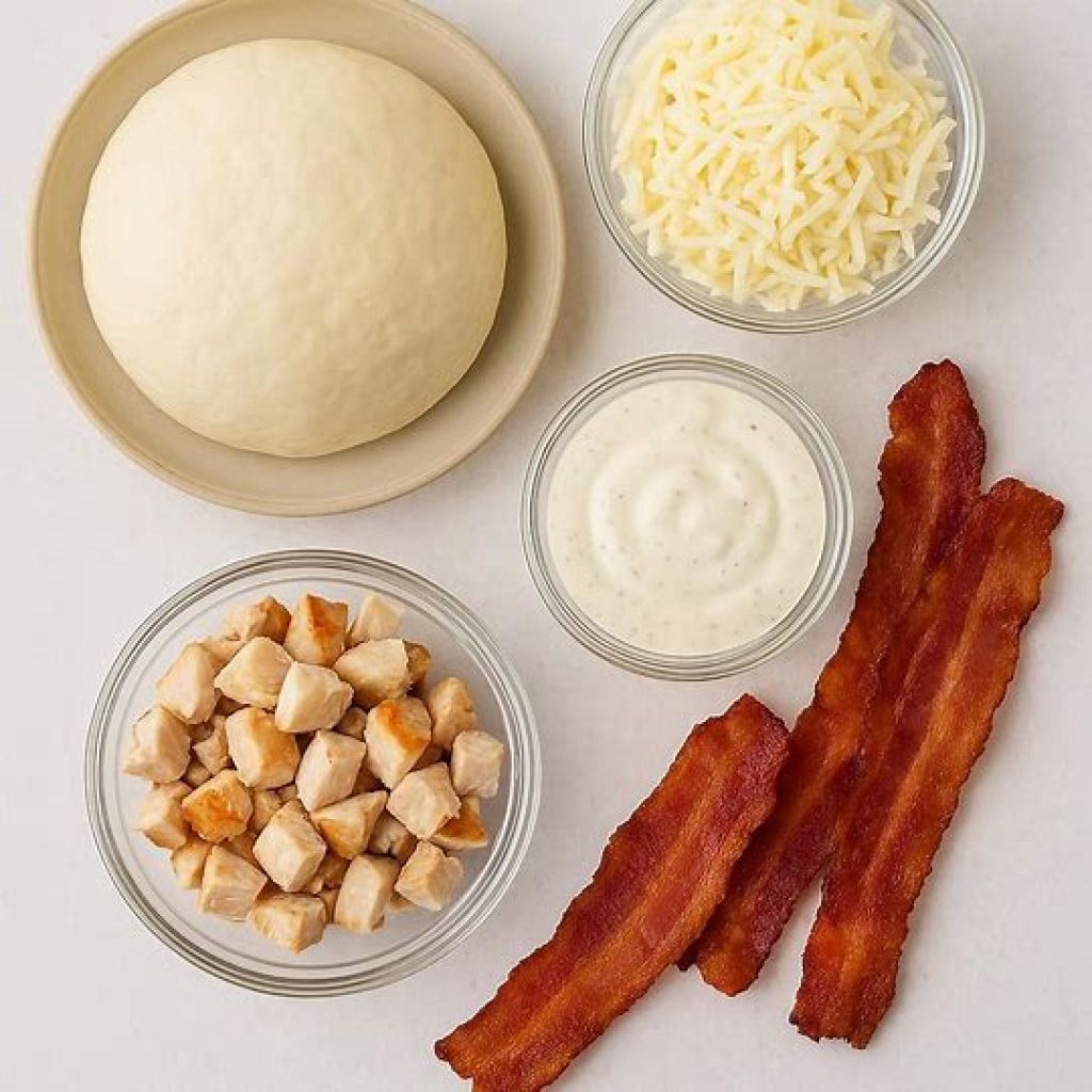 Flat lay of fresh pizza ingredients including dough, ranch dressing, cooked chicken, bacon, and shredded mozzarella cheese — all ready to make the perfect Chicken Bacon Ranch Pizza.