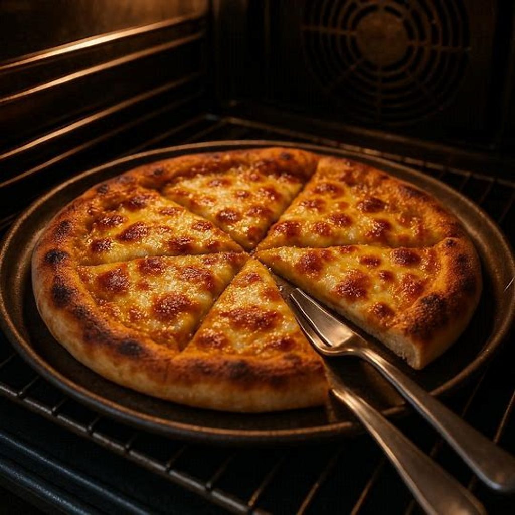 Butter chicken pizza baking in the oven until cheese melts and crust turns golden brown.