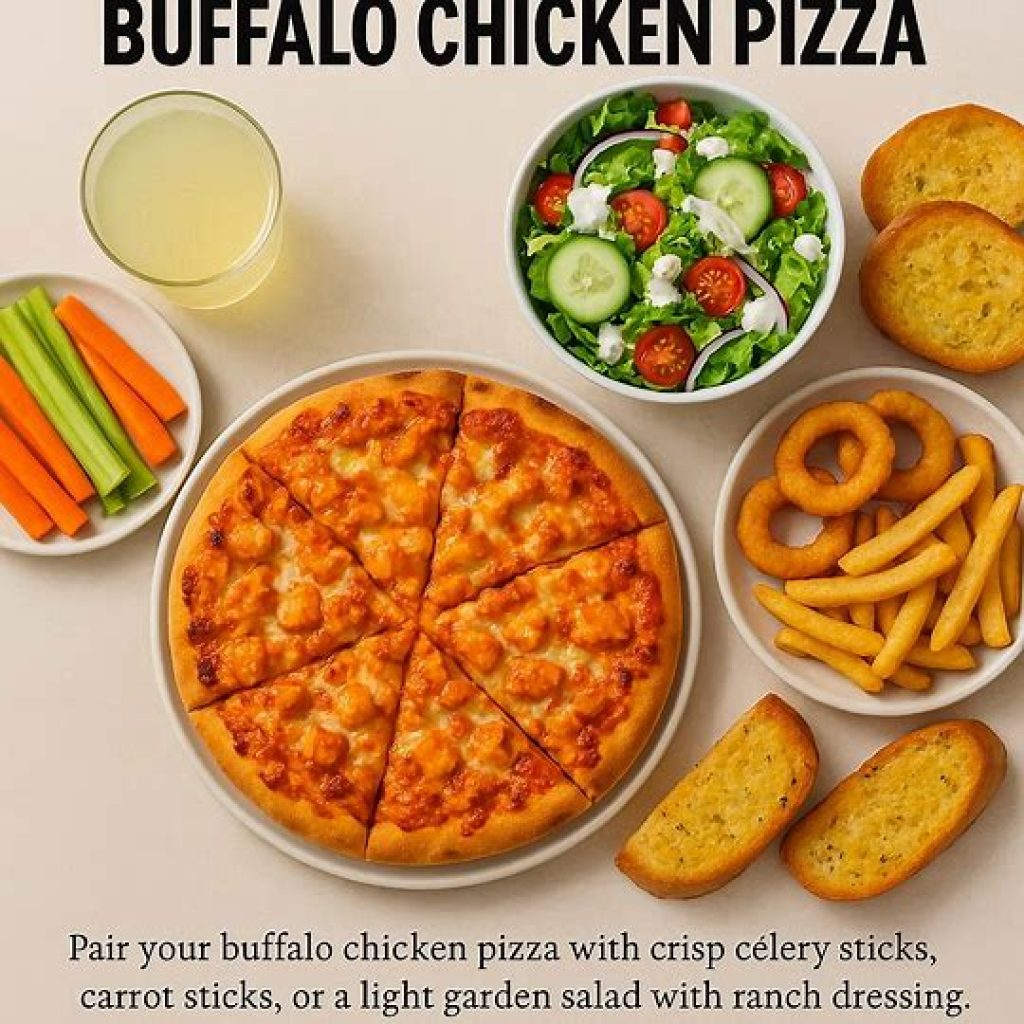 Buffalo chicken flatbread pizza served with celery sticks, ranch dip, and garden salad on the side.
