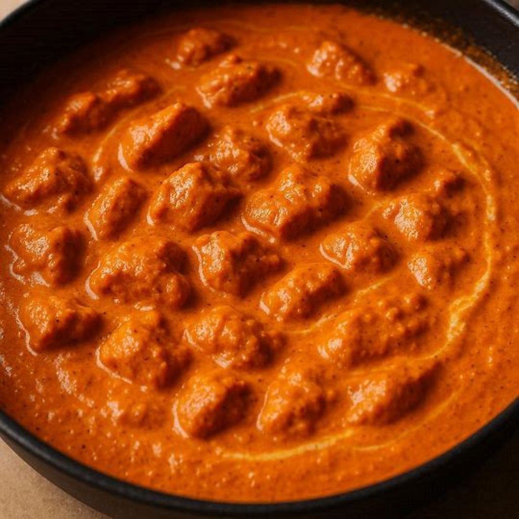 Rich creamy butter chicken sauce cooking in a pan with tomato puree, cream, and Indian spices for pizza topping.