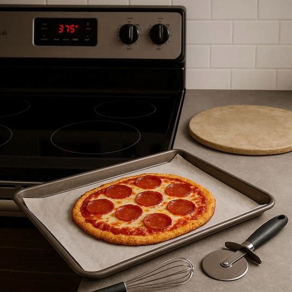 Baking tools for canned chicken pizza crust – oven tray, parchment paper, mixing bowl