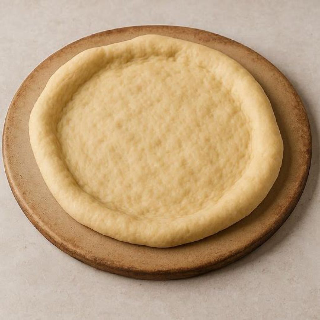 Homemade naan-style pizza dough being rolled out and prepared for butter chicken pizza crust.