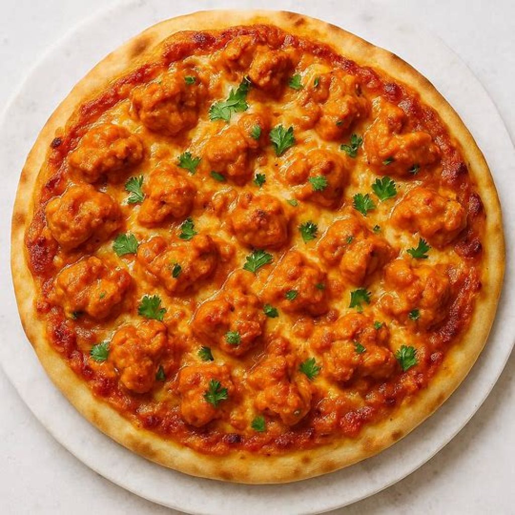 Delicious butter chicken pizza with naan-style crust, melted mozzarella, and creamy curry base showing why this Indian fusion recipe is loved.