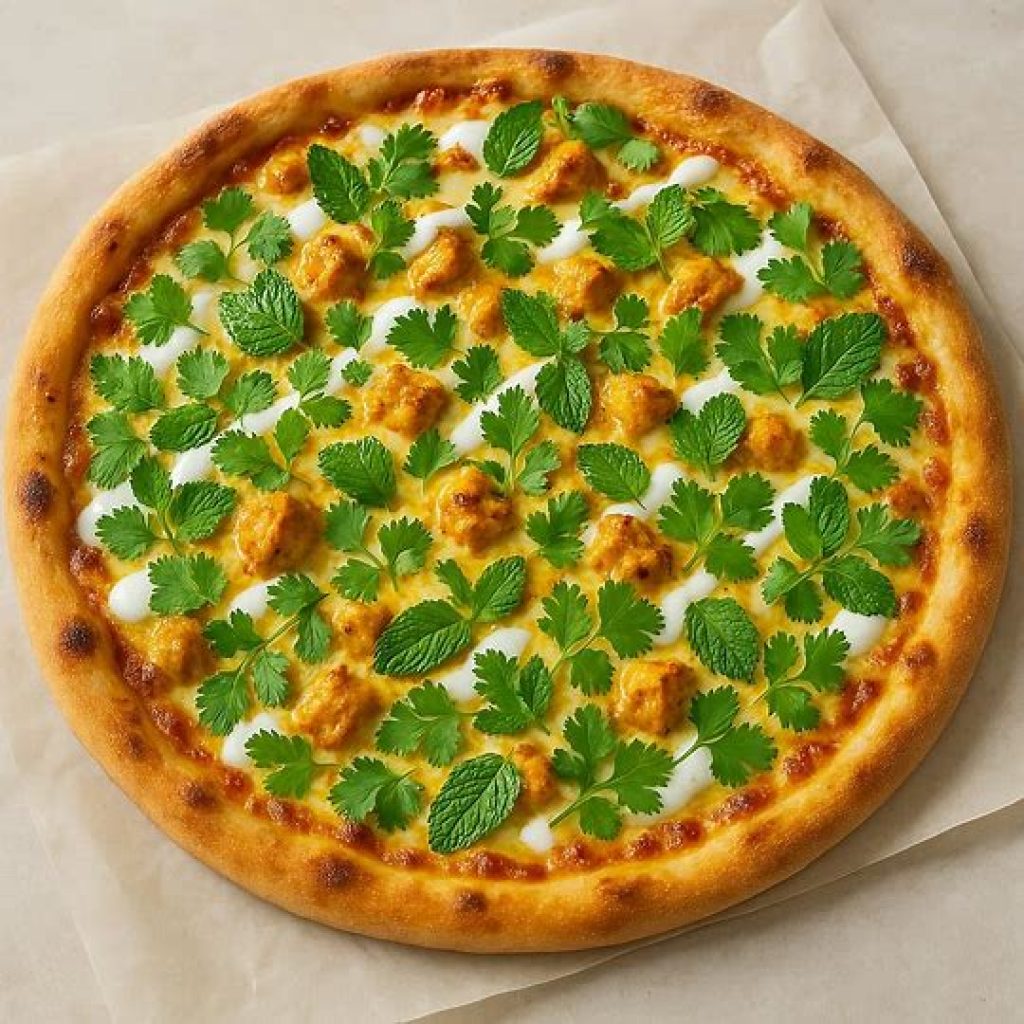 Fresh mint and coriander leaves sprinkled over hot butter chicken pizza for garnish and aroma.