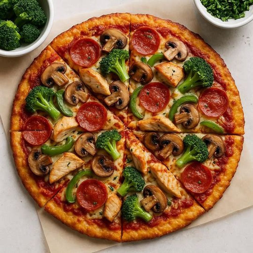 Keto topping options for canned chicken pizza crust – cheese, veggies, low-carb sauces.