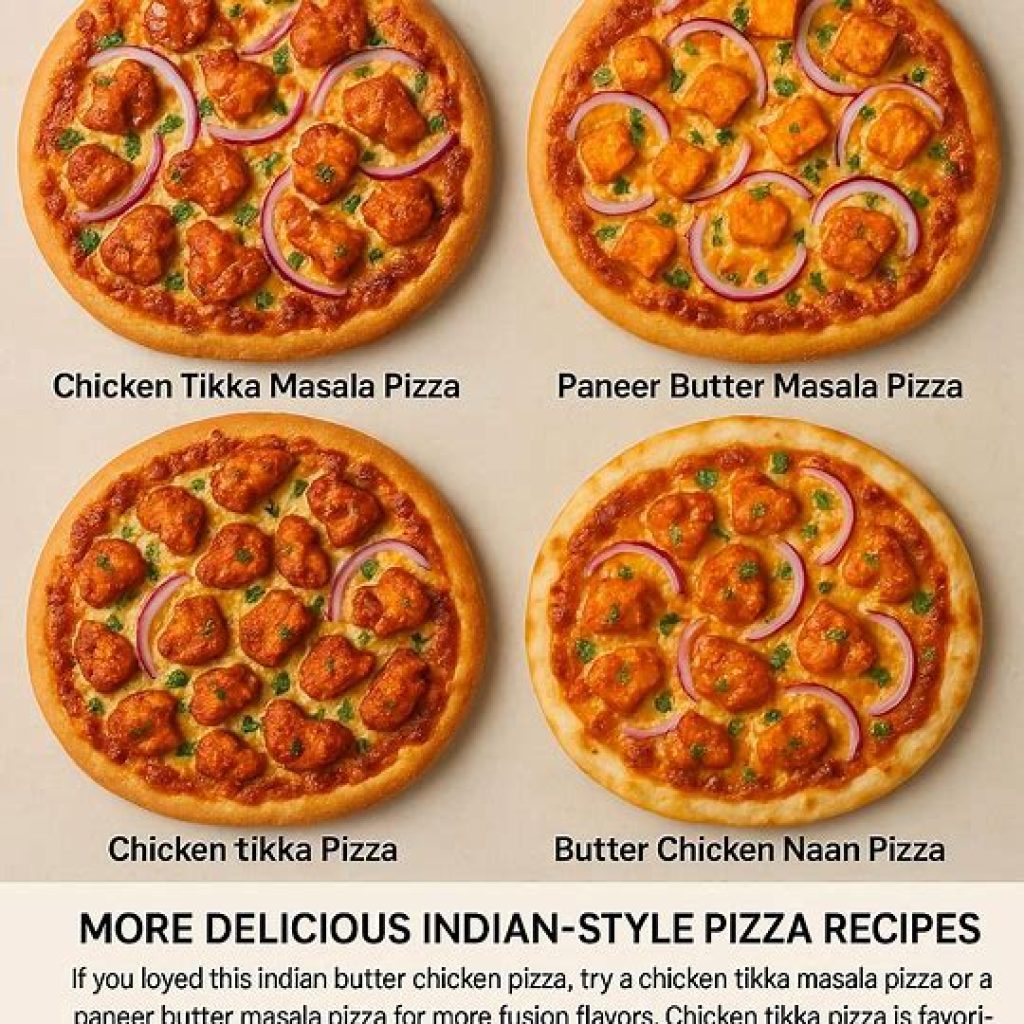 Variety of Indian fusion pizzas like butter chicken pizza, chicken tikka pizza, and paneer pizza served together.