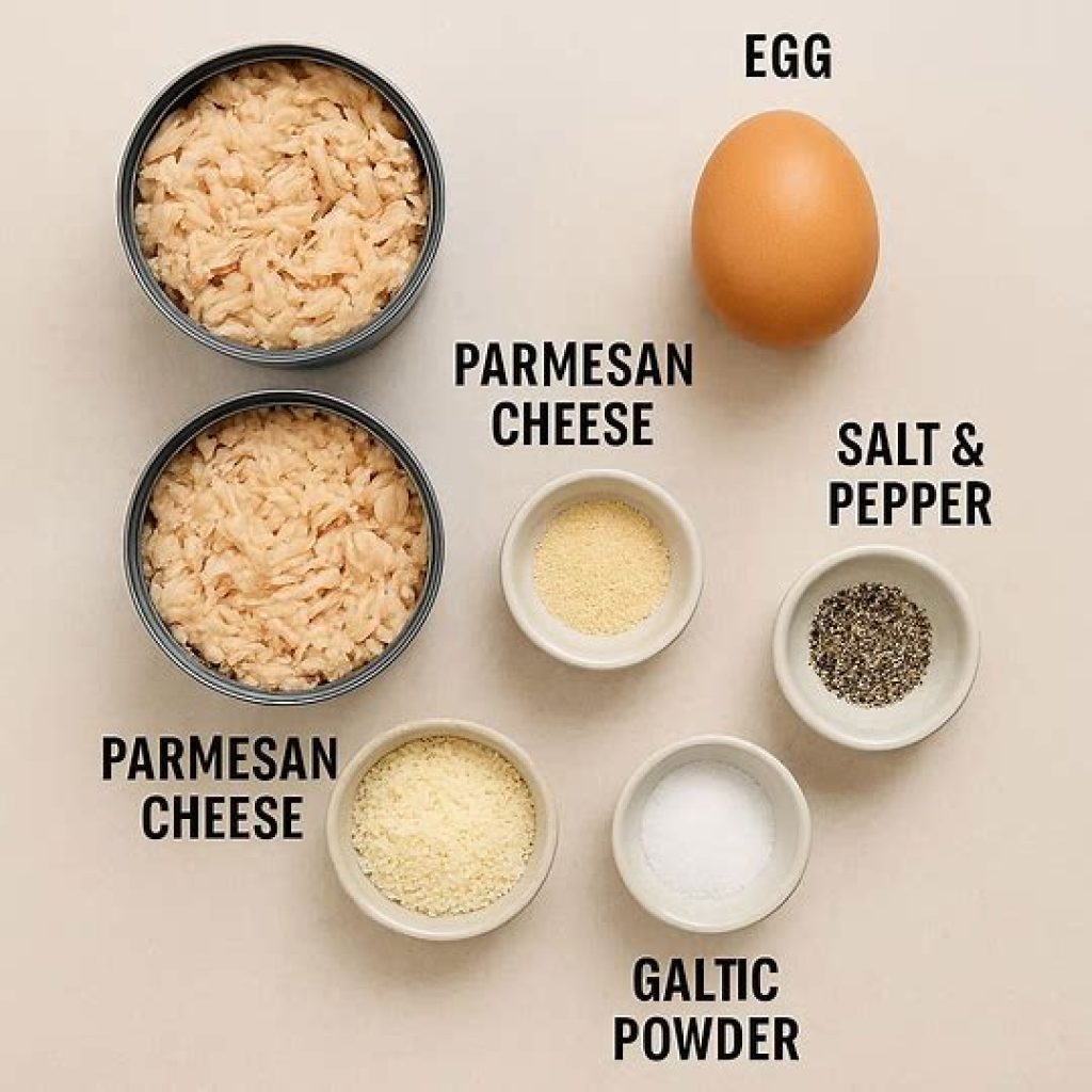 Ingredients for canned chicken pizza crust – canned chicken, cheese, eggs, and seasoning laid out.