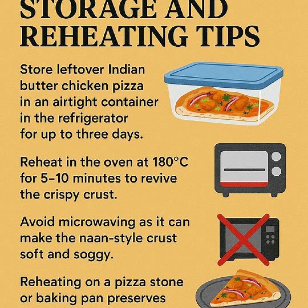 Leftover butter chicken pizza stored in airtight container, ready to be reheated in oven for crispy texture.