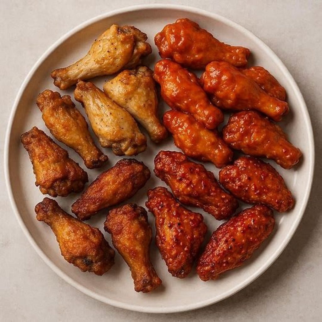 Plain, breaded, and sauced frozen chicken wings cooked in air fryer