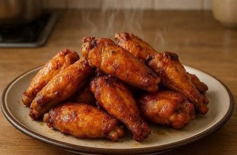 Frozen chicken wings cooking in an air fryer basket, crispy golden wings ready to serve