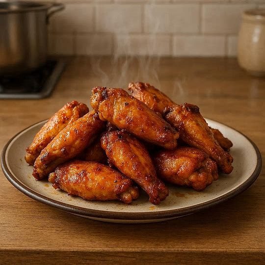 Frozen chicken wings cooking in an air fryer basket, crispy golden wings ready to serve