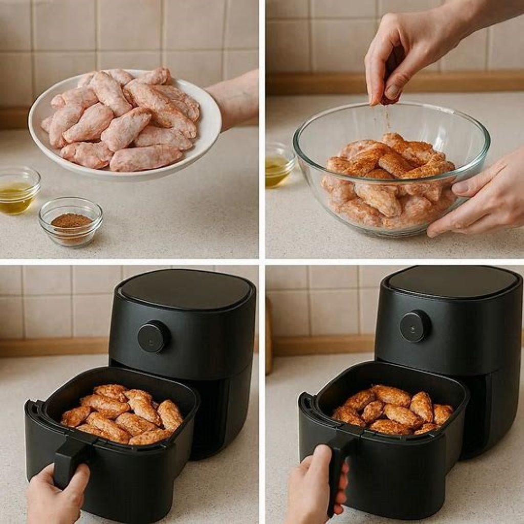 Step by step process of cooking frozen chicken wings in an air fryer
