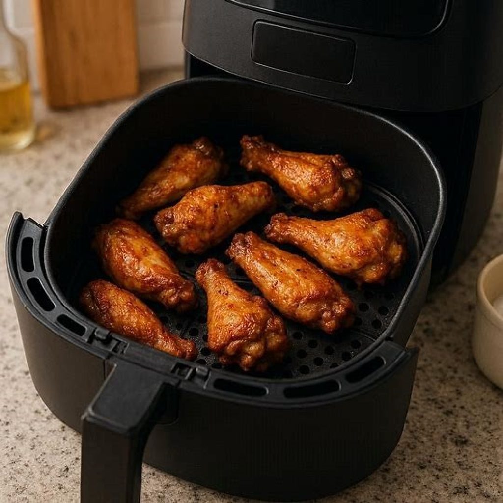 Reheating leftover frozen chicken wings in an air fryer for crisp texture