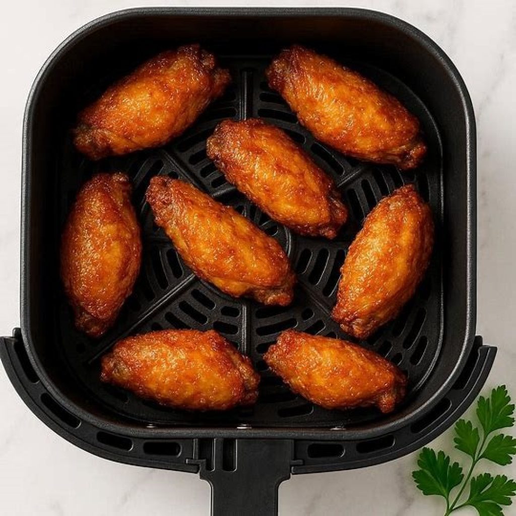 Crispy frozen chicken wings in air fryer with golden brown skin