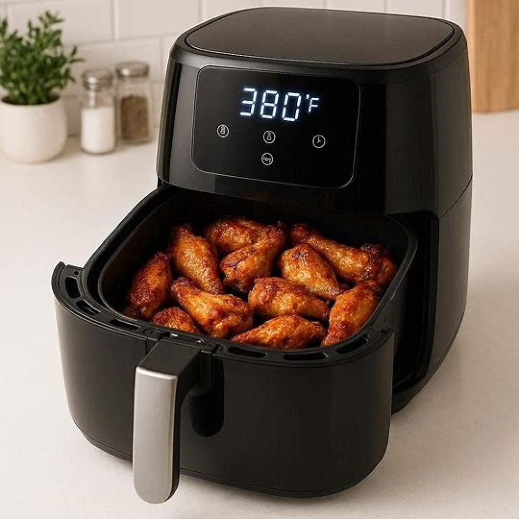 Air fryer frozen chicken wings cooking at 400°F with time and temperature guide