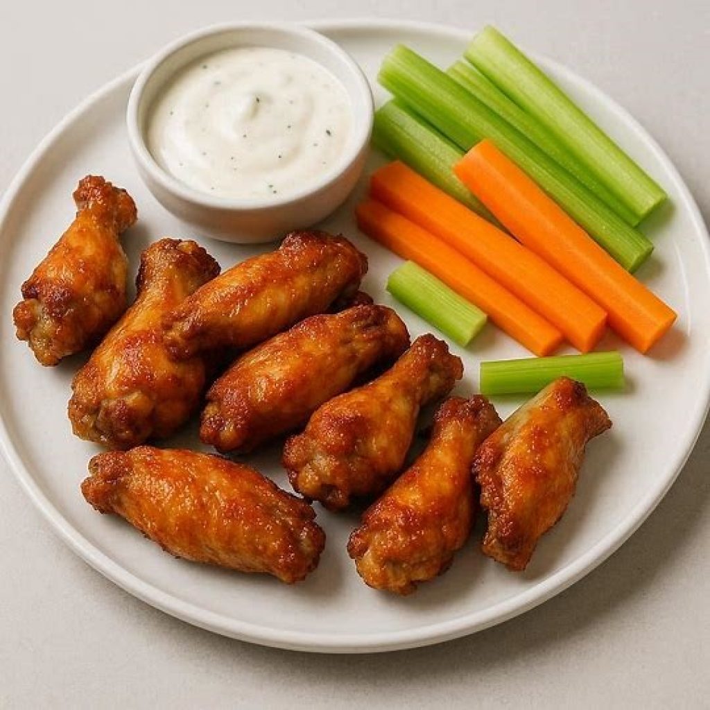 Air fryer frozen chicken wings served with dipping sauce and vegetables