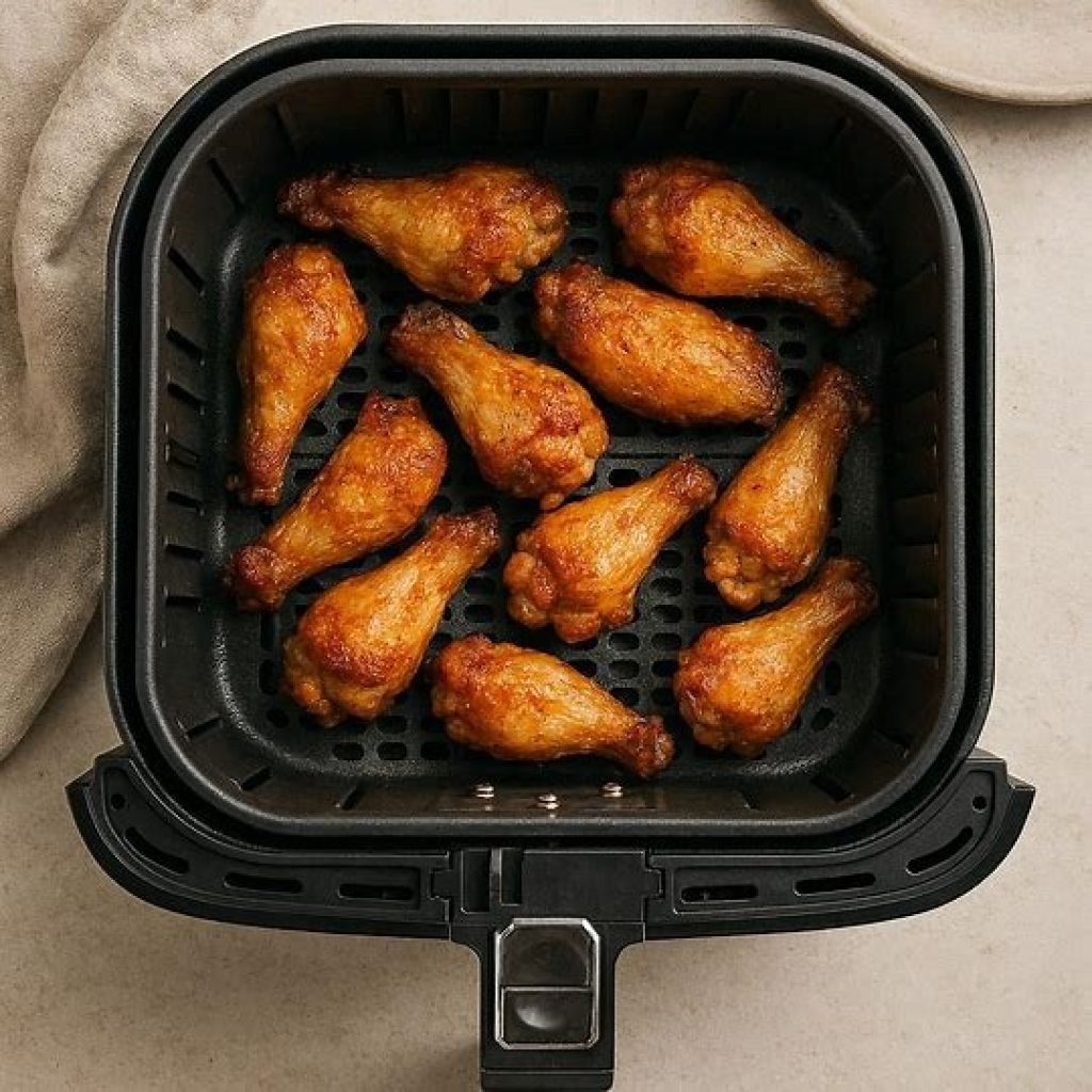 Frozen chicken wings placed in an air fryer basket without thawing